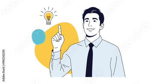 Young man in a shirt and tie looks upwards as a bright ideas light bulb appears next to his head.