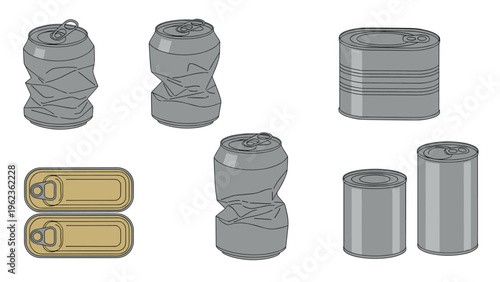 Diverse set of metal food and beverage cans featuring both new shiny containers and crushed aluminum waste for recycling purposes.