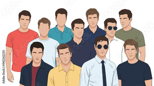 Diverse group of young men in casual and professional attire are standing together for a team portrait.