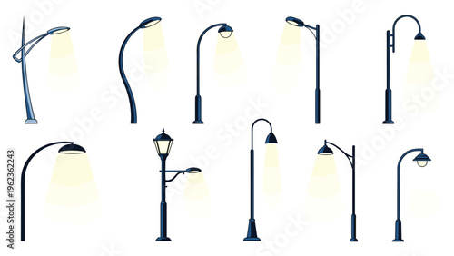Selection of modern and classic street lamp designs with glowing lights are presented for urban planning.