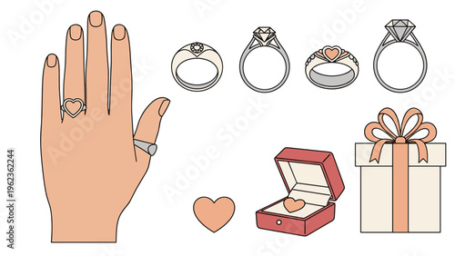 Diverse collection of elegant engagement and wedding rings featuring diamonds and hearts with a luxury gift box and a hand wearing jewelry.