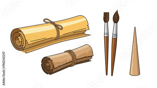 Antique style paper scrolls tied with rustic string alongside traditional artist paint brushes and a pointed wooden object on white.
