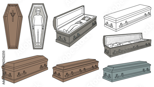 Selection of wooden and metal coffins with open and closed lids used for solemn funeral services and burial ceremonies including a corpse.