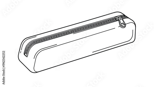 Simple long pencil case with a zipper for school and office supplies is shown in a clean line art style.