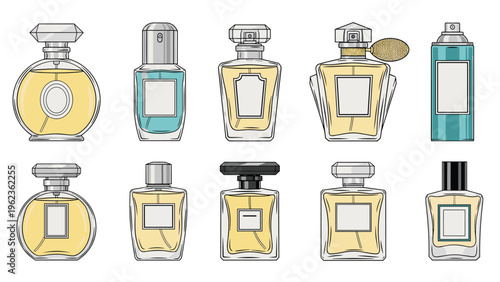 Collection of elegant perfume and cologne bottles in various shapes and designs with gold and blue liquids.