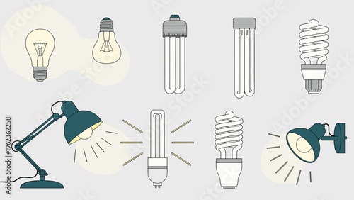 Comprehensive collection of various energy efficient light bulbs and modern desk lamps including incandescent fluorescent and led styles.