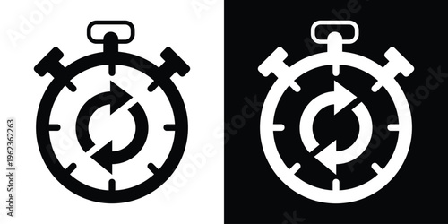 Stopwatch icon featuring circular refresh arrows. Symbol for recurring time, countdown cycles, or process updates. Modern flat design for UI/UX and time management apps.
