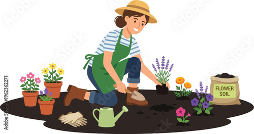 Woman wearing a sun hat kneels while carefully planting lavender flowers into.