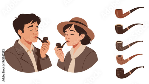 Man and woman in vintage clothing enjoy smoking traditional wooden pipes with a selection of pipes on the side.