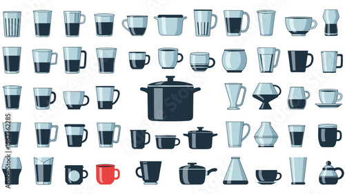 Large collection of diverse kitchenware including cups, mugs, pots, and glasses in different styles and sizes.