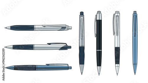 Selection of modern ballpoint and gel pens in different designs and colors are arranged horizontally and vertically.