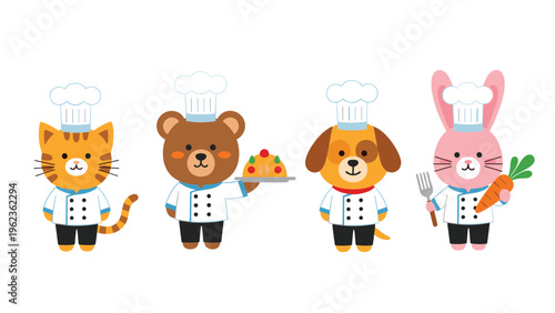 Cute cat, bear, dog, and rabbit characters are dressed in chef uniforms and holding various food items.