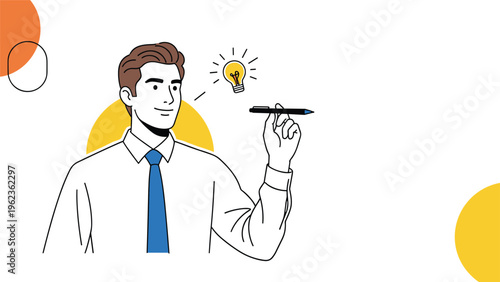 Successful businessman holding a pen looks confident while a glowing light bulb symbol appears above his head.
