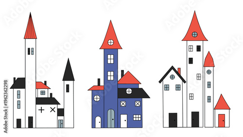 Three clusters of colorful stylized townhouses with unique towers and roofs are presented in a flat design.