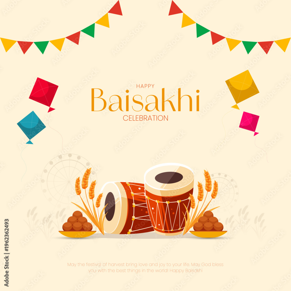 Fototapeta premium Happy Baisakhi Celebration Poster with Dhol, Kites and Harvest Festival Elements