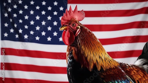 Proud Rooster Stands Before The American Flag, A Symbol of Freedom and National Pride