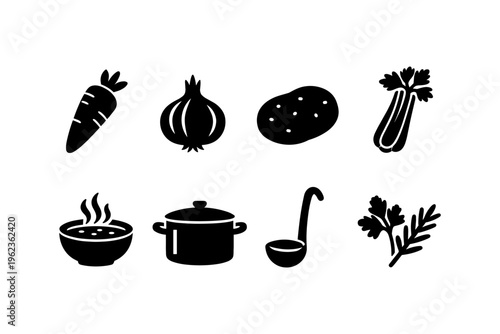 Collection of simple black icons representing ingredients and cooking utensils