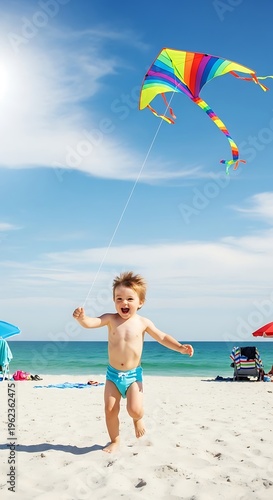 Young boy playing with kite on beach.