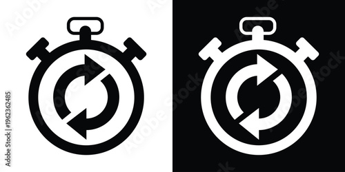Stopwatch icon featuring circular refresh arrows. Symbol for recurring time, countdown cycles, or process updates. Modern flat design for UI/UX and time management apps.