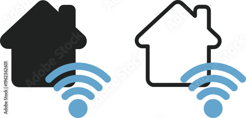 Smart home wifi icons vector set, house with wireless signal outline and silhouette design