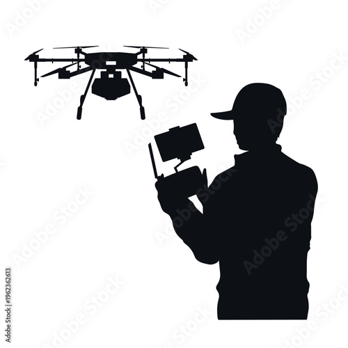 Silhouette of an agronomist with a drone. Modern farming technologies. Man shape operating an agricultural robot
