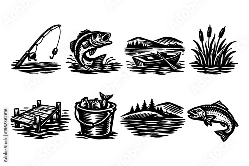 Collection of vintage fishing illustrations with diverse scenes and elements