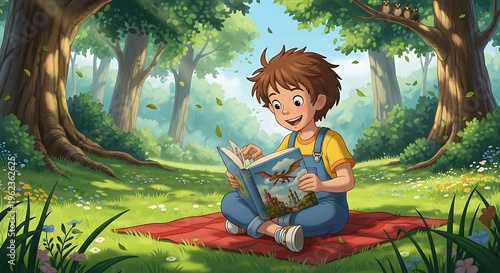 Young Boy Reading in Forest Glade.