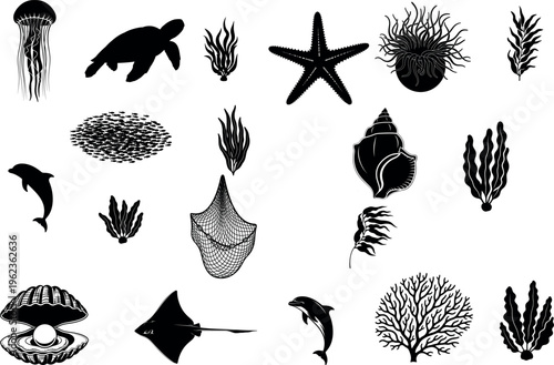 Marine life silhouettes collection