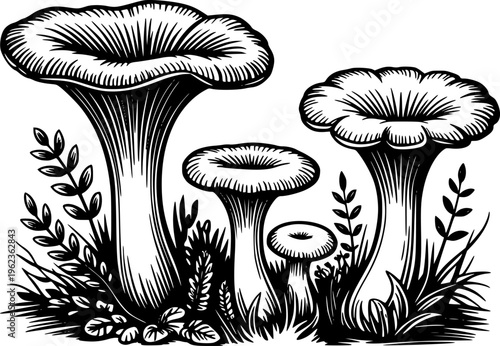 Black and white woodcut style of chanterelle mushrooms growing in grass and foliage