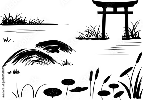 Black ink of Japanese torii gate grass reeds and lotus pads white background shrine