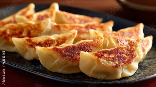 Golden dumplings sizzle on a dark plate