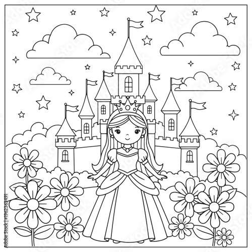 A charming princess stands before a fairytale castle with stars and flowers