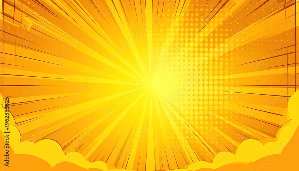 Obraz premium Dynamic Yellow Orange Comic Background with Radial Sunburst, Halftone Dots, and Cloud Elements