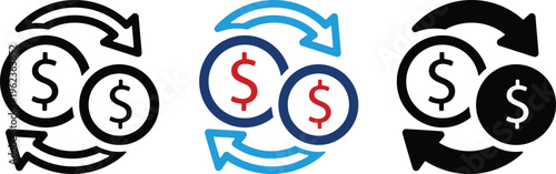 Financial exchange and money transfer icons with dollar signs and circular arrows