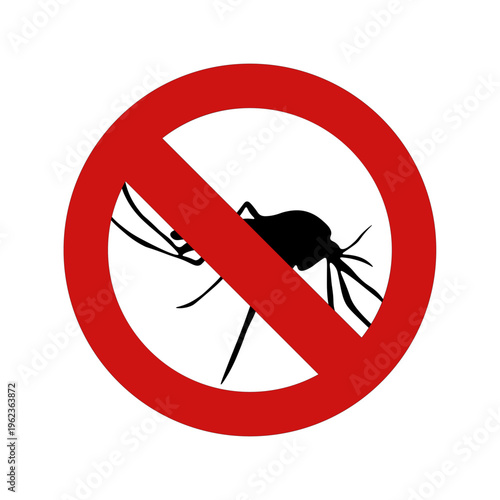 Prohibition sign with mosquito silhouette inside red crossed circle. Isolated on white background. Concept of pest control, mosquito prevention and protection from bites.