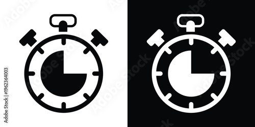 Stopwatch icon showing a 45-minute or three-quarter hour interval. Professional chronometer symbol for tracking long tasks or sessions. High-contrast vector illustration.