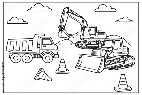 Construction site scene featuring a digger dumper truck and bulldozer