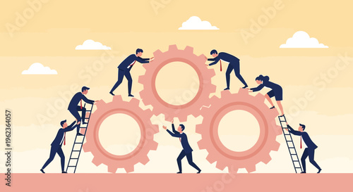 Teamwork and collaboration: Business people working together to turn gears, symbolizing success and synergy.