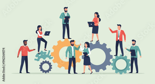 Teamwork and collaboration concept with people on gears, business success and synergy