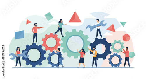 Teamwork and collaboration concept: people working together with gears and tools