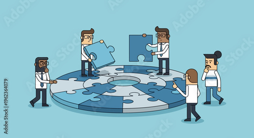 Teamwork and collaboration: Diverse people assembling a circular jigsaw puzzle, symbolizing strategy and problem-solving.