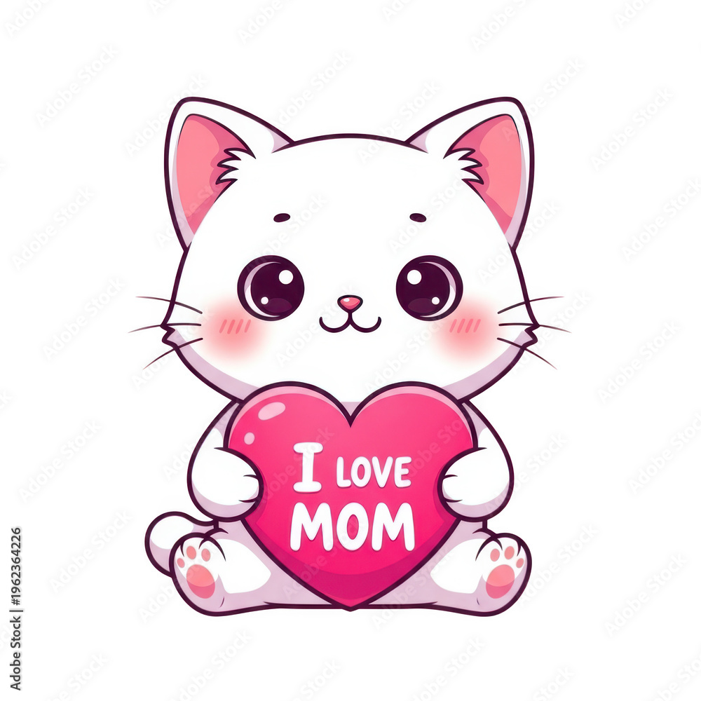 Fototapeta premium Cute white cartoon cat holding pink heart with i love mom text isolated on a transparent background