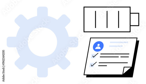 Blue gear, battery icon, and profile checklist document combining to represent tasks, energy monitoring, and organized workflows. Ideal for productivity, process, documentation, efficiency settings