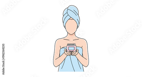Woman in blue towel holding smartphone in minimalist line art for mobile app advertising