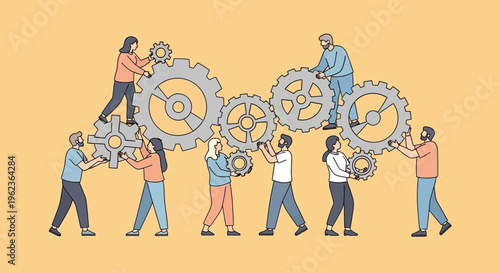 Teamwork and collaboration: people assembling gears, concept of synergy and business success
