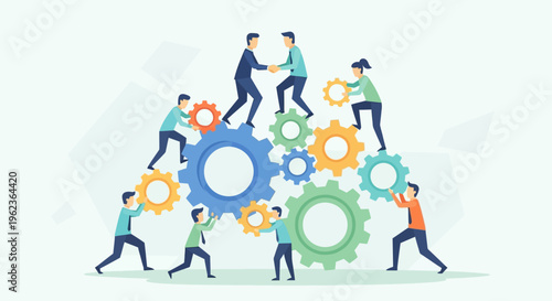 Teamwork and collaboration: people building a pyramid with gears, business success concept