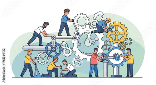 Teamwork and collaboration: people working together on a complex gear mechanism