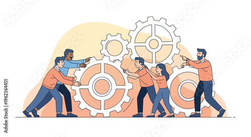 Teamwork and collaboration: people turning gears together, business synergy, successful project completion
