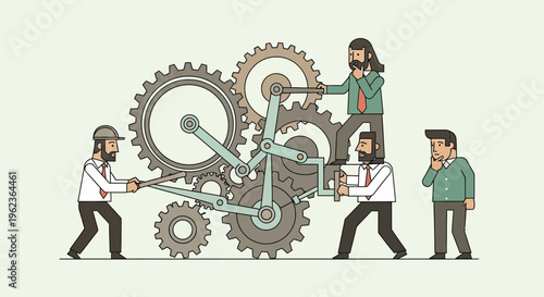 Teamwork and collaboration: people working together on a complex gear mechanism