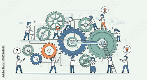 Teamwork and collaboration: people working together on a complex gear mechanism